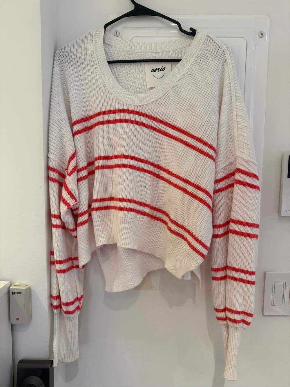 aerie White V-Neck Cropped Sweater with Red Stripes